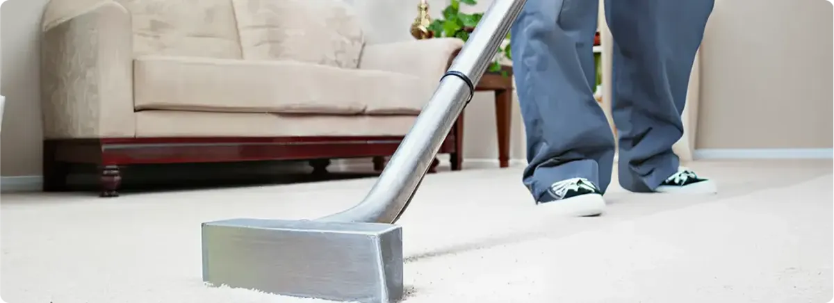 Carpet cleaning technician using a hot-water extraction wand on a light-colored carpet in a living room, Arlington, TX.