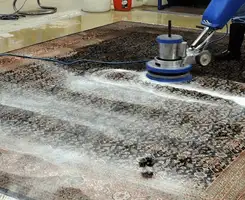 Professional rug cleaning with a rotary floor machine and shampoo foam, deep-cleaning an area rug, in Arlington, TX.
